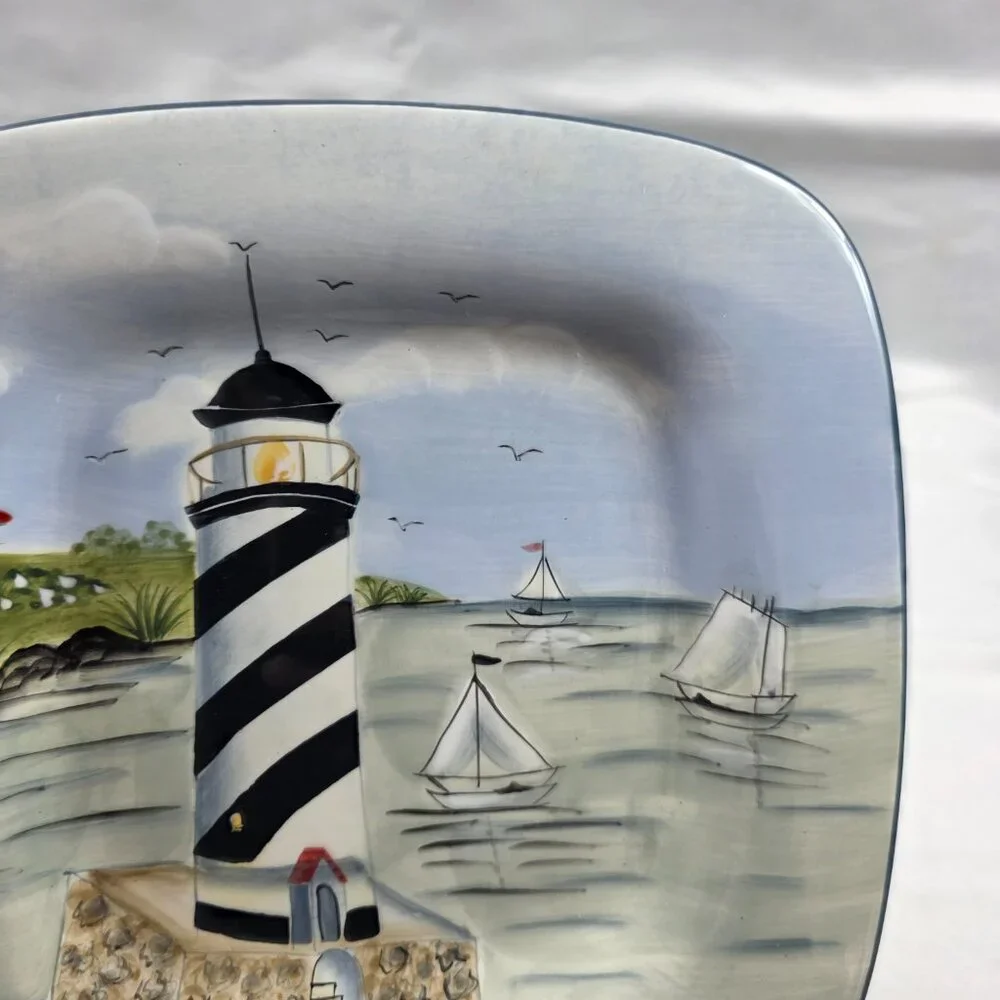 TWO Sakura Nantucket Shoreline Square Salad Plates Lighthouses, Birds Grass